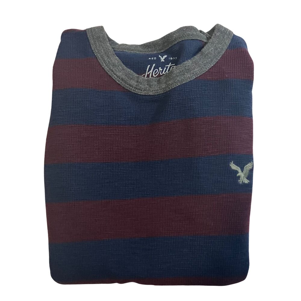American Eagle Heritage Thermal Knit Long Sleeve XS Burgundy Navy Stripes - Picture 5 of 8